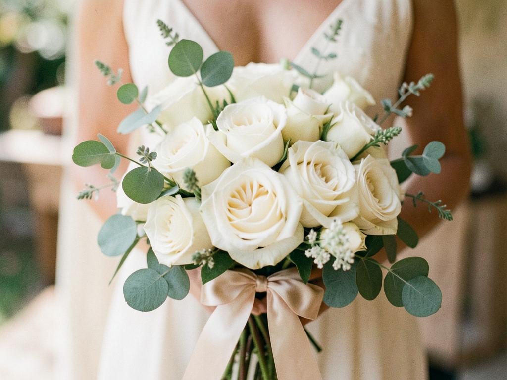 Romantic white rose bridal bouquet with eucalyptus