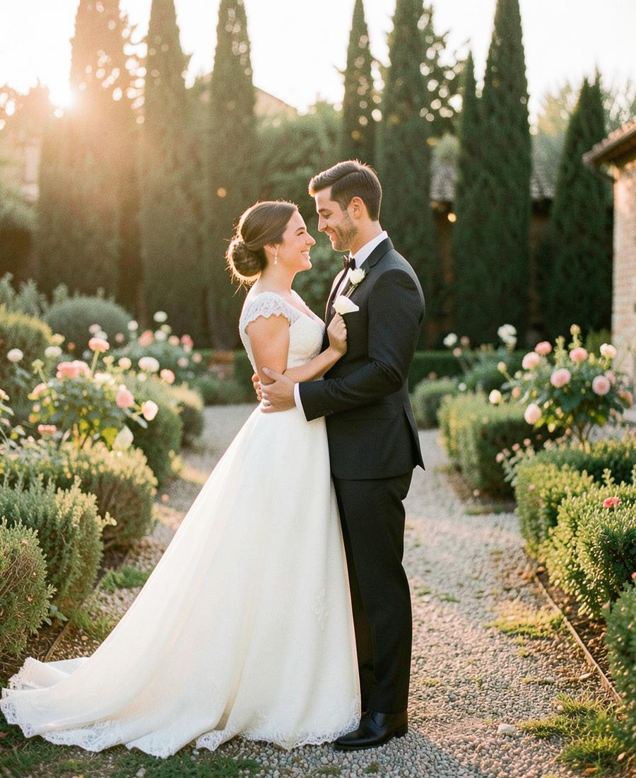 Jaz and Joseph embracing in a garden at golden hour