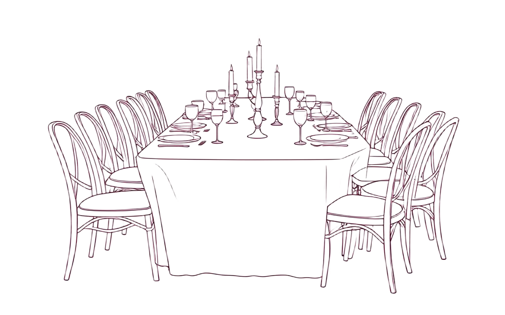 Line drawing of a long banquet table set with candles and glasses